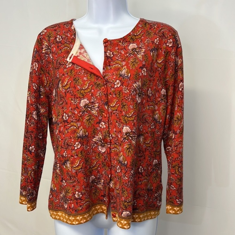 Festive Garnet Hill 100% merino wool Floral Red Cardigan